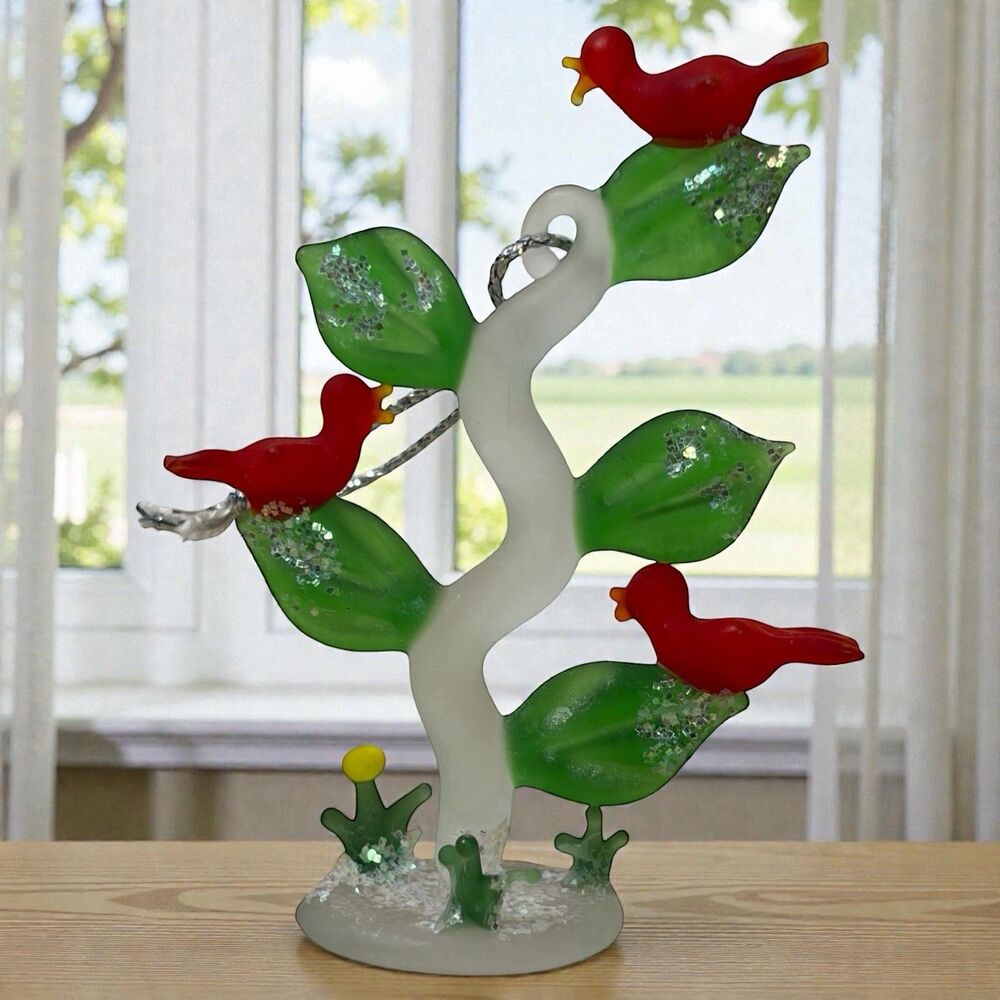Blown Art Glass Christmas Tree Ornament Red Birds in a Tree with Cactus 3.25"